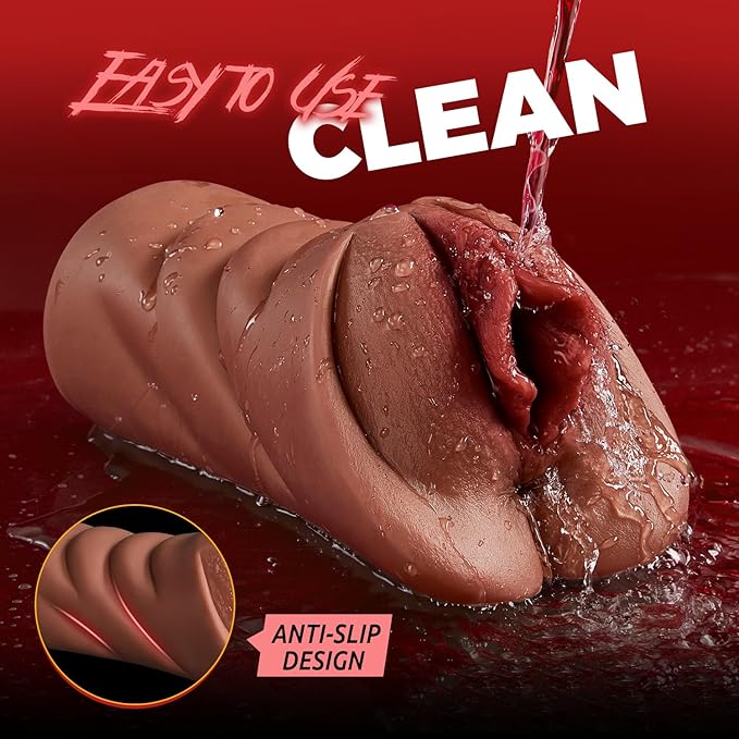 Realistic Pocket Pussy Male Masturbator, Thick Labia Pussy Masturbators Sex Toy with 5D Deep Vagina and Tight Anus, Lifelike Blowjob Male Stroker Adult Sex Toys for Men Masturbation (Brown)