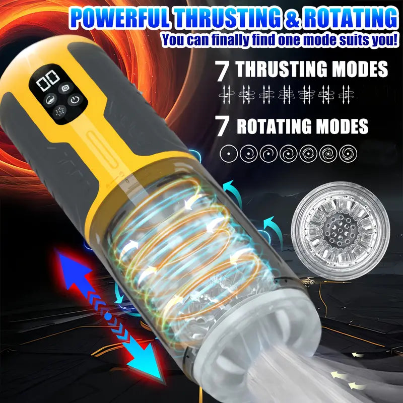 Newly upgraded male electric masturbator with one click burst mode, 7 telescopic&7 rotating&7 vibrating tongue licking modes, dual motors with strong vibration force, TPE 3D inner tank design, LCD display screen
